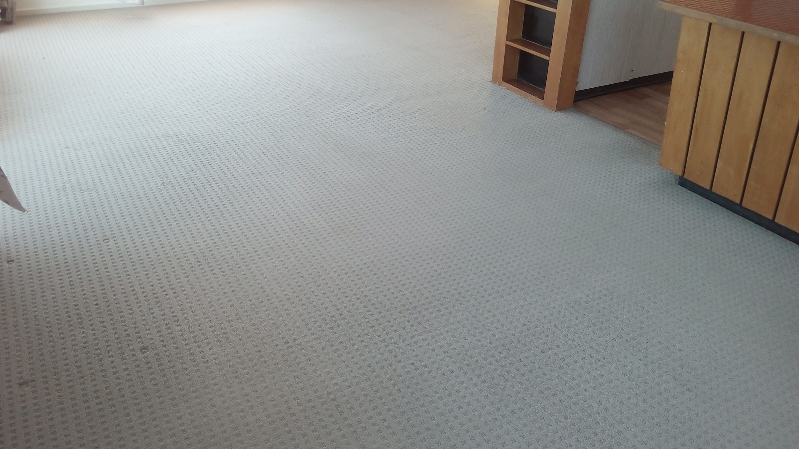 Clean light grey carpet next to timber cabinetry