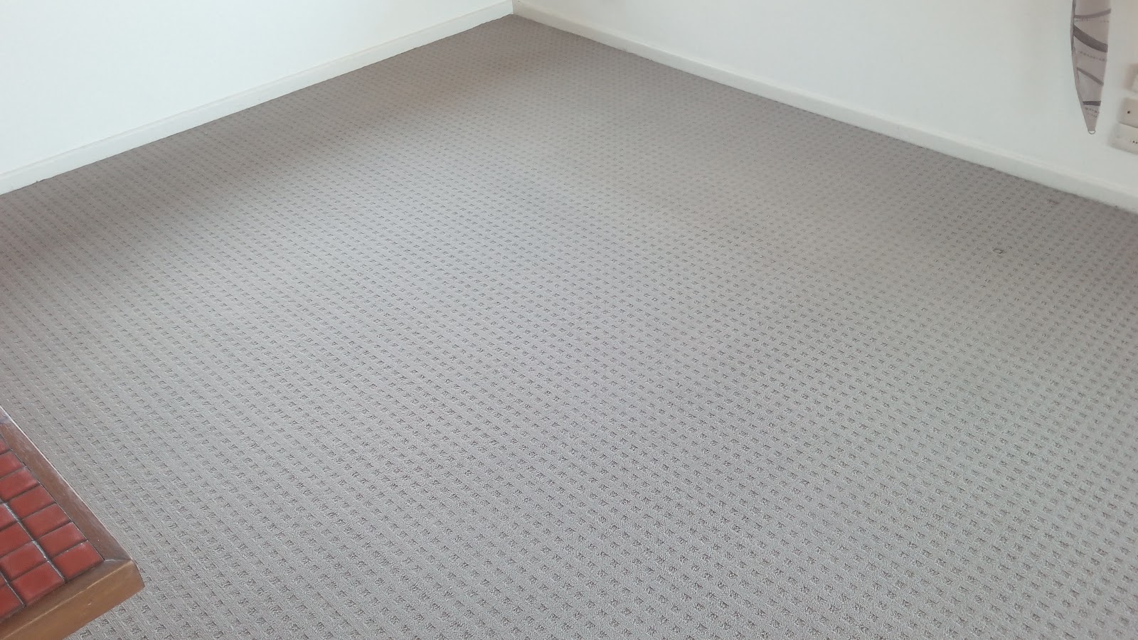 Freshly cleaned grey patterned carpet in a room corner